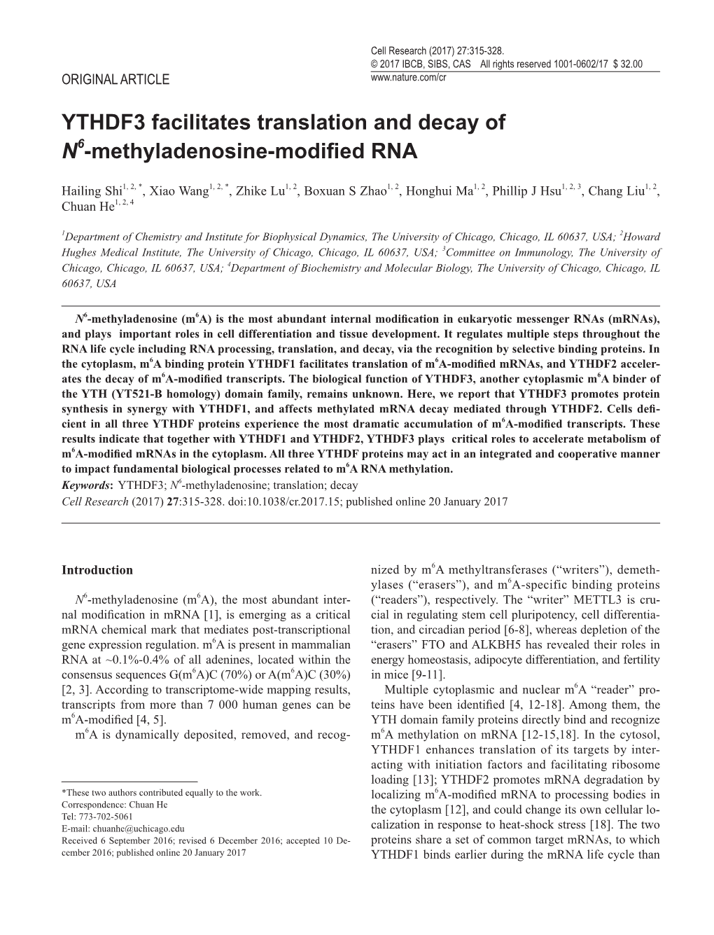 YTHDF3 Facilitates Translation and Decay of N6-Methyladenosine-Modified RNA