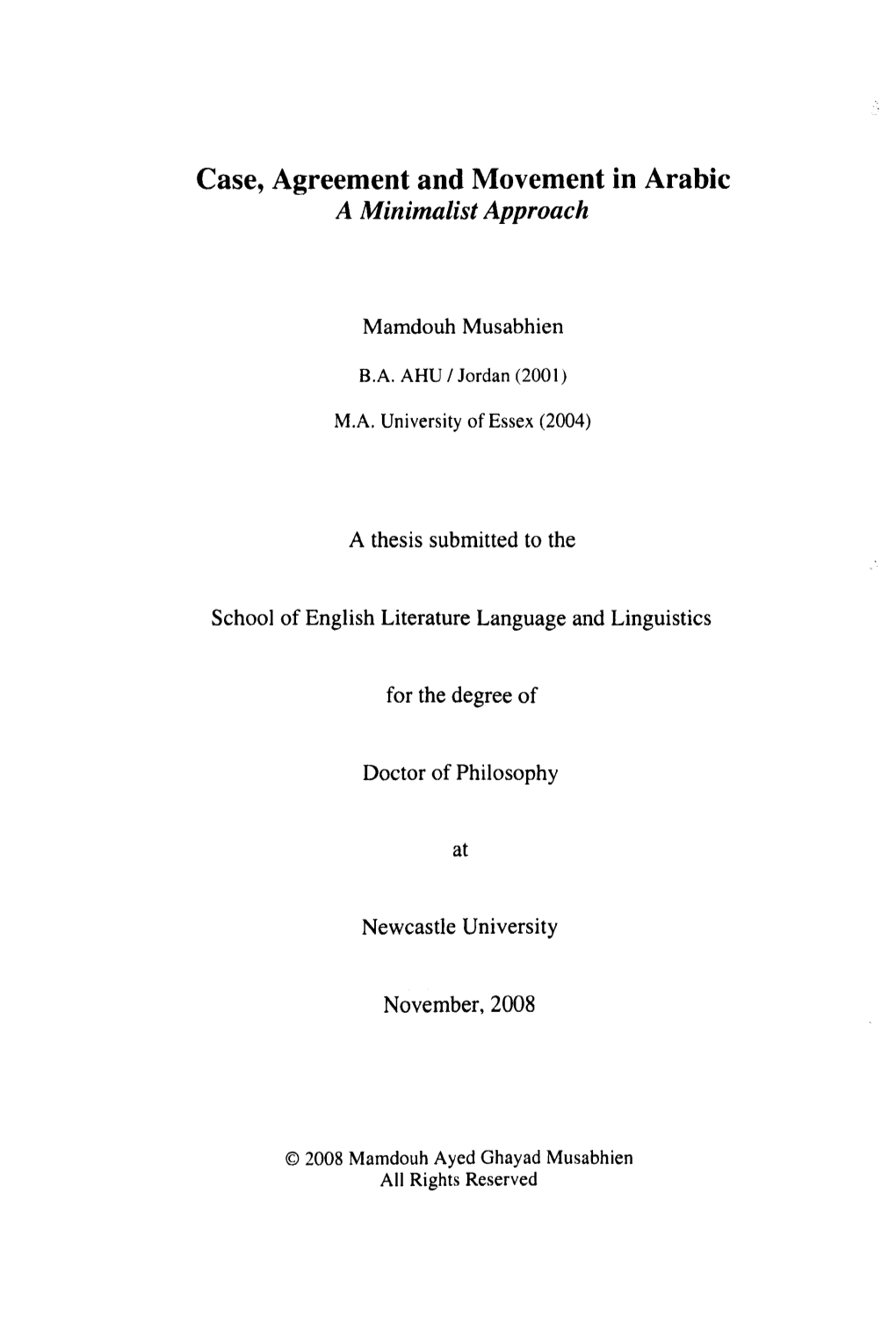 Case, Agreement and Movement in Arabic a Minimalist Approach