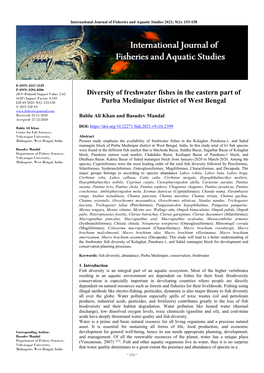 Diversity of Freshwater Fishes in the Eastern Part of Purba Medinipur