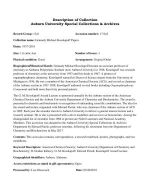 Description of Collection Auburn University Special Collections & Archives