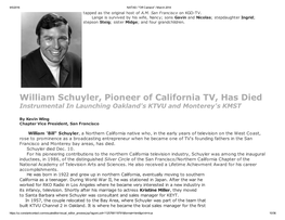 William Schuyler, Pioneer of California TV, Has Died Instrumental in Launching Oakland's KTVU and Monterey's KMST