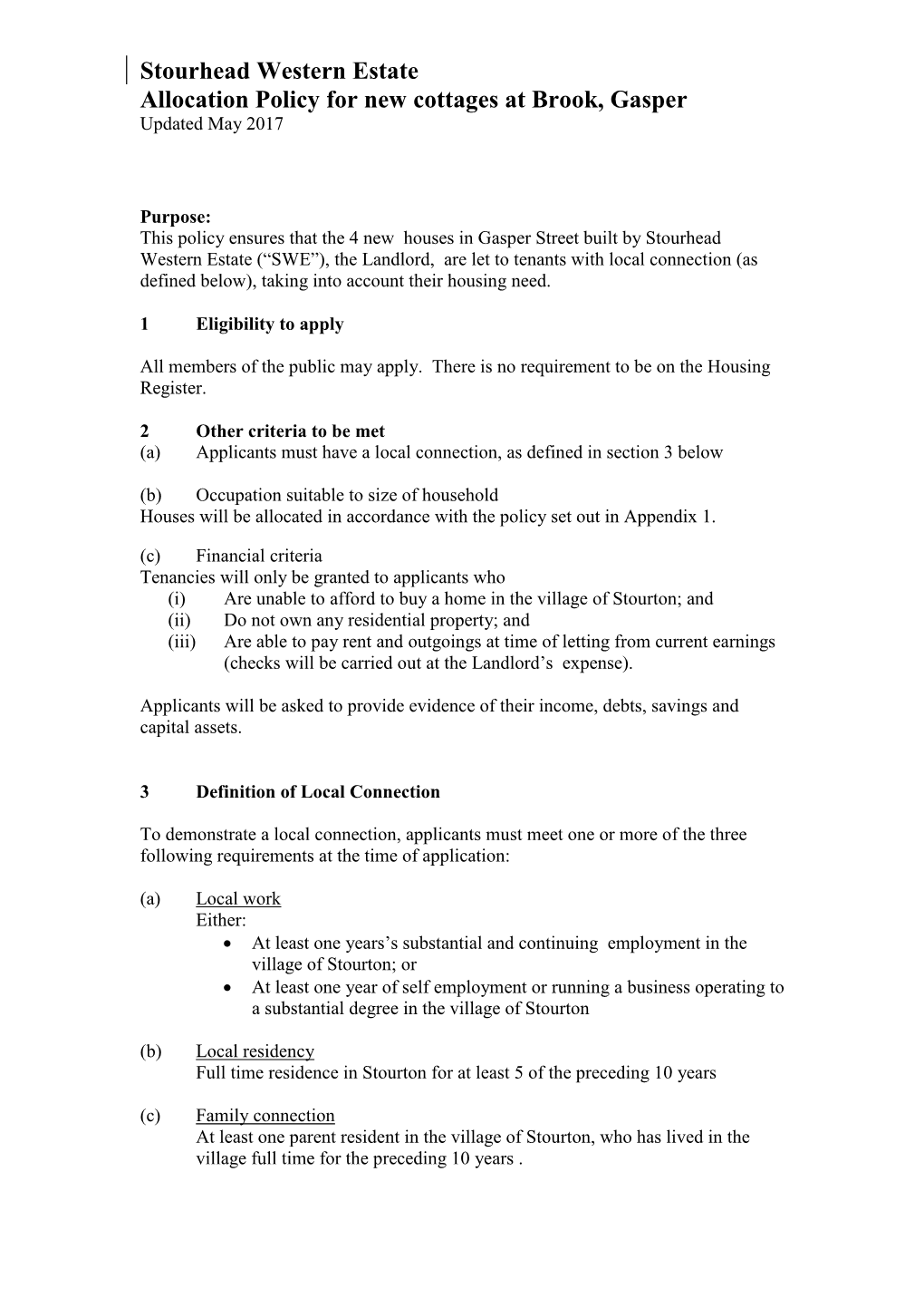 Stourhead Western Estate Allocation Policy for New Cottages at Brook, Gasper Updated May 2017