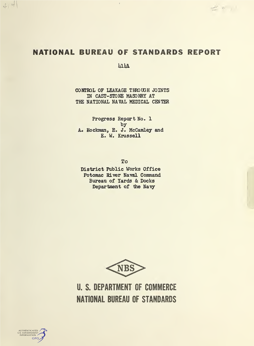 Control of Leakage Through Joints in Cast-Stone Masonry at the National Naval Medical Center