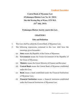 Central Bank of Myanmar Law (Pyidaungsu Hluttaw Law No