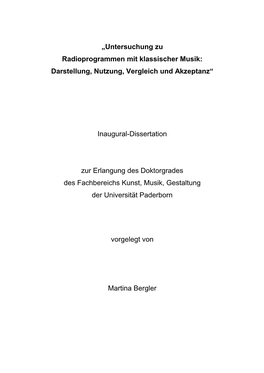 „Untersuchung Zu Radioprogrammen Mit Klassischer Musik: Darstellung, Nutzung, Vergleich Und Akzeptanz“