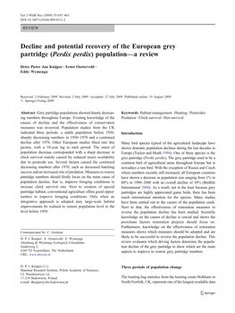 Decline and Potential Recovery of the European Grey Partridge (Perdix Perdix) Population—A Review