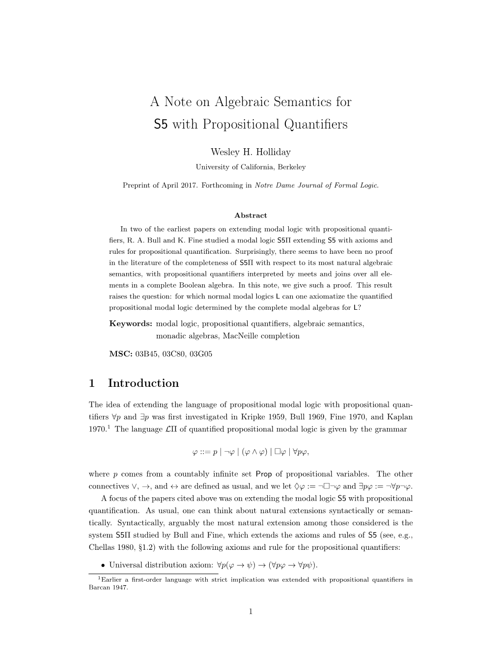 A Note on Algebraic Semantics for S5 with Propositional Quantifiers