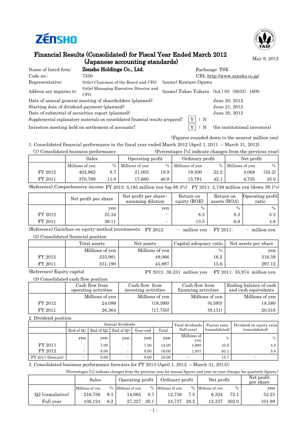 Financial Results (Consolidated) for Fiscal Year Ended March 2012 May 9, 2012 (Japanese Accounting Standards) Name of Listed Firm: Zensho Holdings Co., Ltd