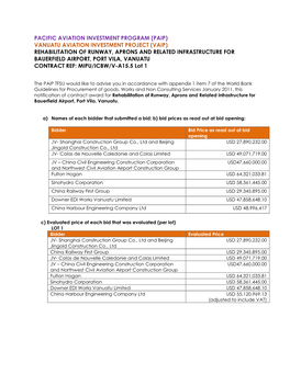 VAIP) REHABILITATION of RUNWAY, APRONS and RELATED INFRASTRUCTURE for BAUERFIELD AIRPORT, PORT VILA, VANUATU CONTRACT REF: MIPU/ICBW/V-A15.5 Lot 1