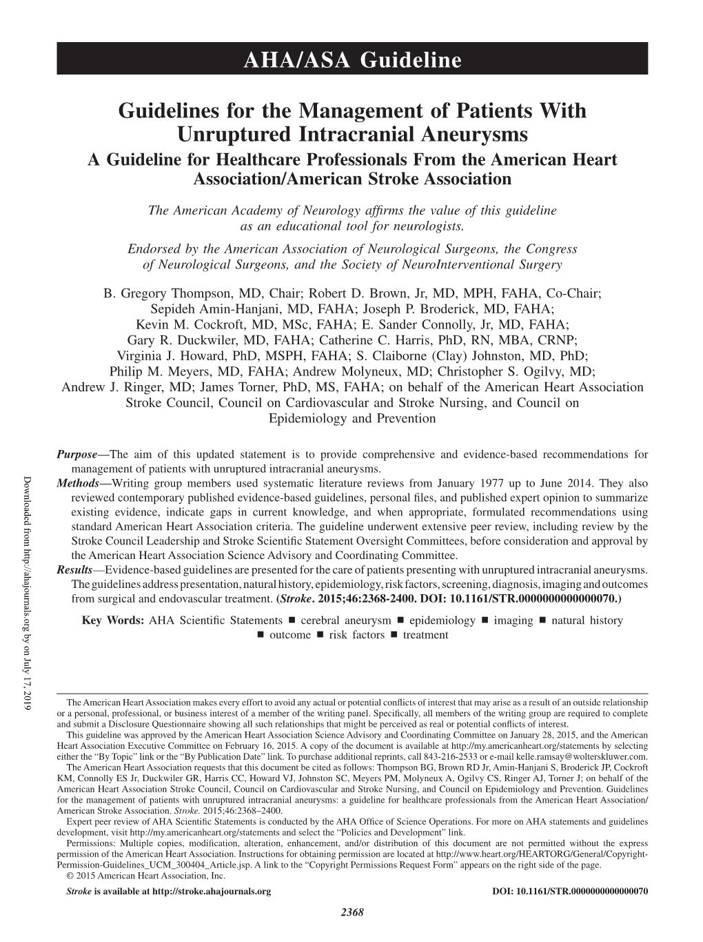 Guidelines for the Management of Patients with Unruptured