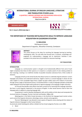 The Importance of Teaching Metalinguistics Skills to Improve Language Acquisition in Classroom Situation