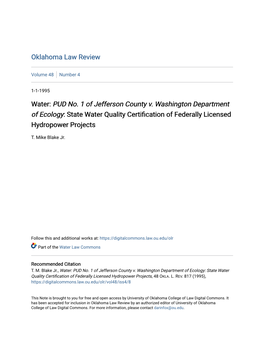 PUD No. 1 of Jefferson County V. Washington Department of Ecology: State Water Quality Certification of Ederf Ally Licensed Hydropower Projects