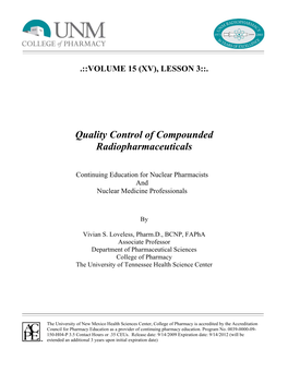 Quality Control of Compounded Radiopharmaceuticals