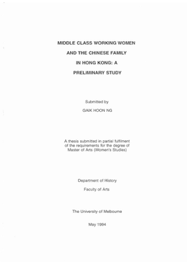 Middle Class Working Women and the Chinese Family in Hong Kong: a Preliminary Study