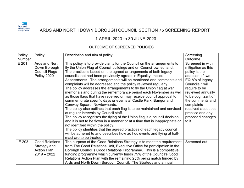 ARDS and NORTH DOWN BOROUGH COUNCIL SECTION 75 SCREENING REPORT 1 APRIL 2020 to 30 JUNE 2020