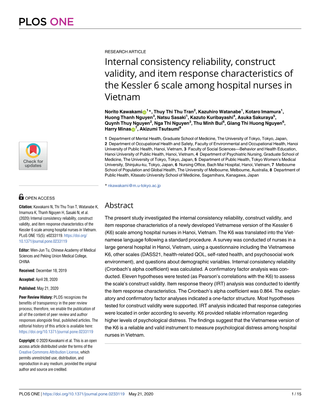 Internal Consistency Reliability, Construct Validity, and Item Response Characteristics of the Kessler 6 Scale Among Hospital Nurses in Vietnam