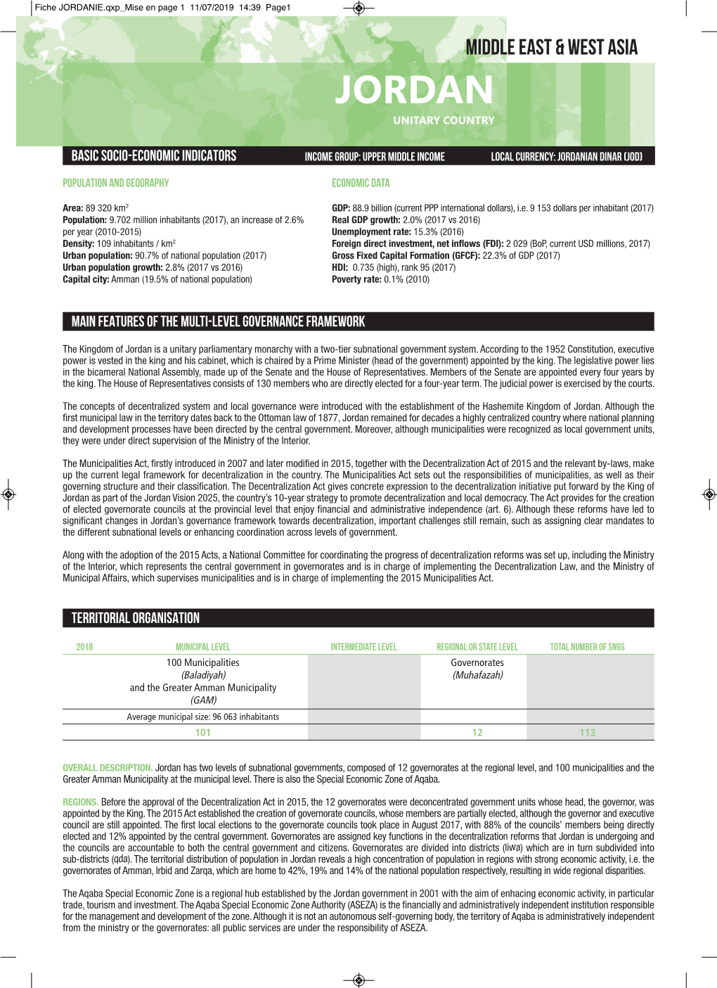 JORDANIE.Qxp Mise En Page 1 11/07/2019 14:39 Page1 Middle East & West Asia JORDAN UNITARY COUNTRY