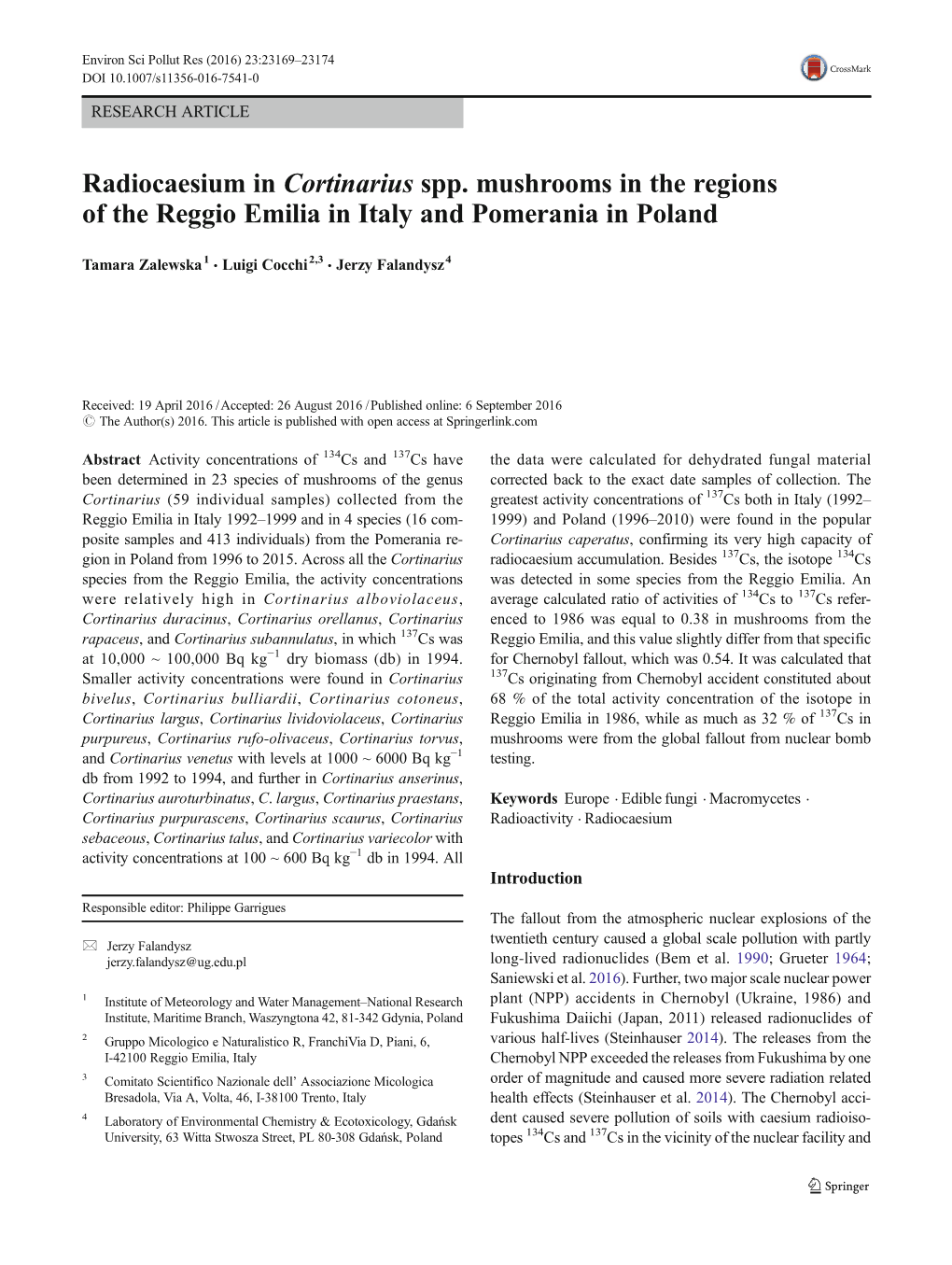 Radiocaesium in Cortinarius Spp. Mushrooms in the Regions of the Reggio Emilia in Italy and Pomerania in Poland