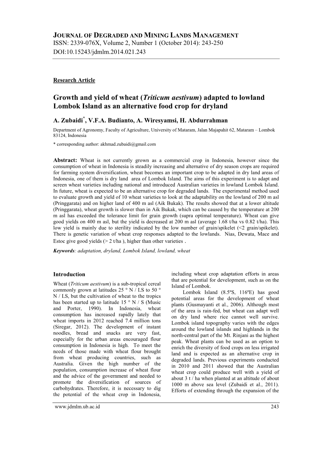 Growth and Yield of Wheat (Triticum Aestivum) Adapted to Lowland Lombok Island As an Alternative Food Crop for Dryland