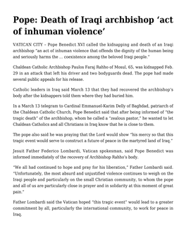 Pope: Death of Iraqi Archbishop 'Act of Inhuman Violence'