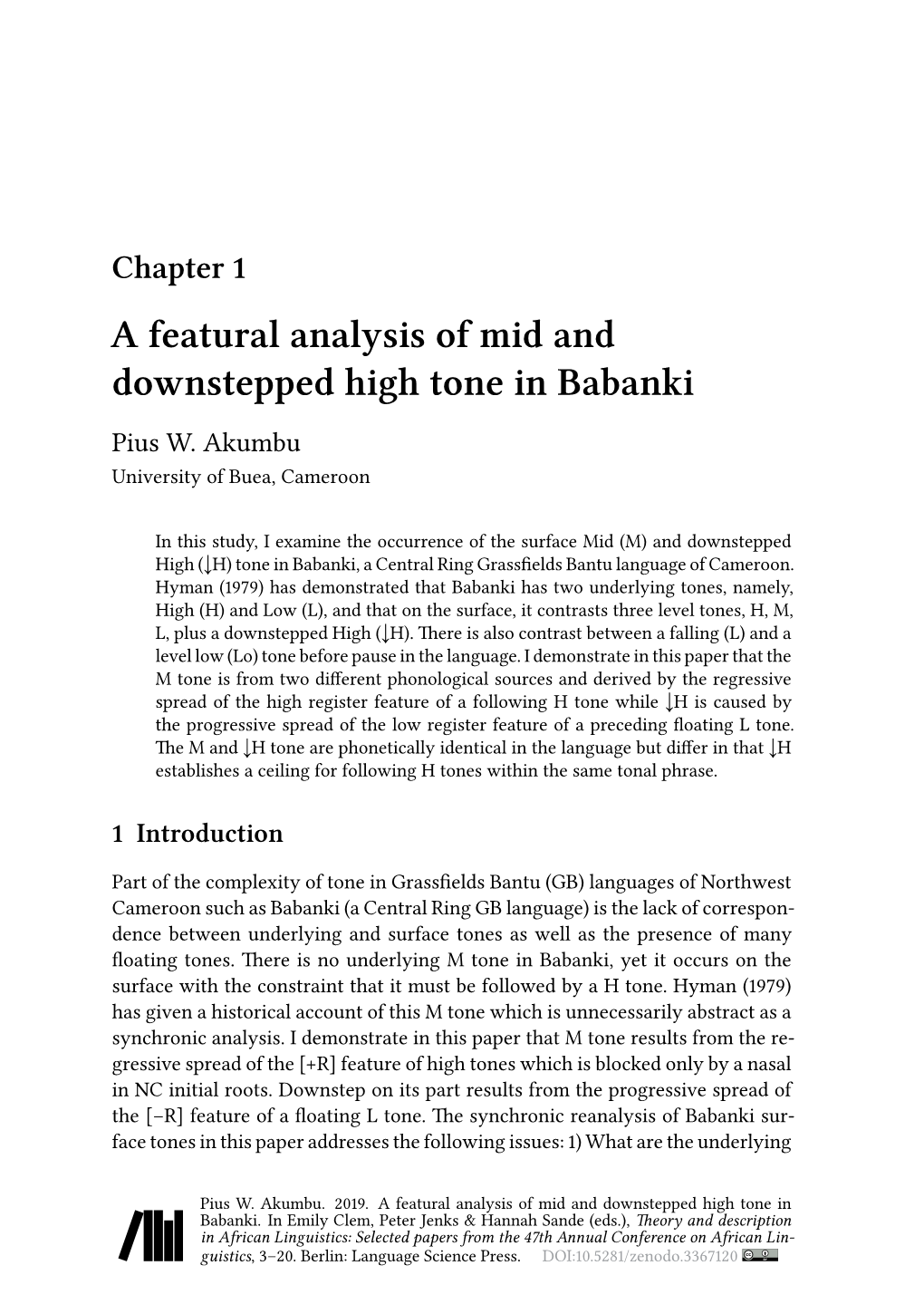 A Featural Analysis of Mid and Downstepped High Tone in Babanki Pius W