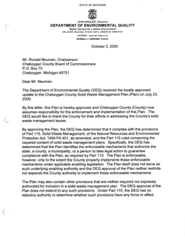 Cheboygan County Solid Waste Management Plan (Plan) on July 23, 2000