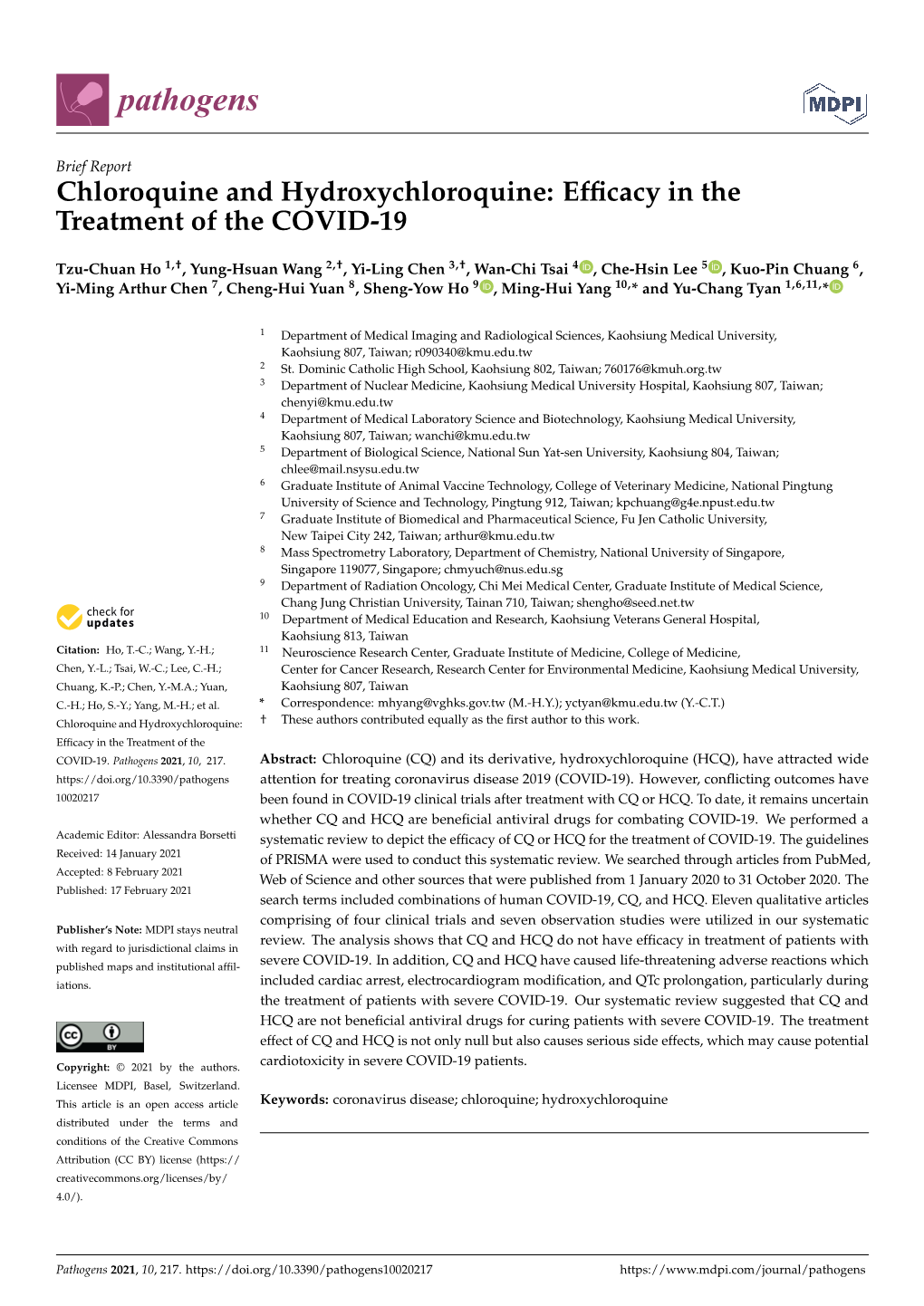 Chloroquine and Hydroxychloroquine: Efﬁcacy in the Treatment of the COVID-19