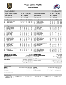 Vegas Golden Knights Game Notes