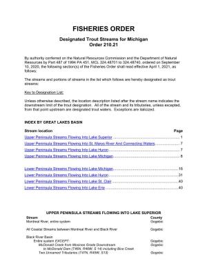 Fisheries Order 210.21 Designated Trout Streams for Michigan