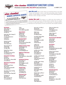 Niles Chamber MEMBERSHIP DIRECTORY LISTING All Businesses Are Located in Niles, Illinois 60714 Unless Stated Otherwise As of MARCH 15, 2011