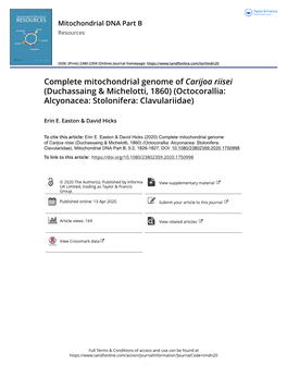 Complete Mitochondrial Genome of Carijoa Riisei (Duchassaing & Michelotti, 1860) (Octocorallia: Alcyonacea: Stolonifera: Clavulariidae)