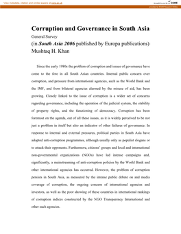 Corruption and Governance in South Asia General Survey (In South Asia 2006 Published by Europa Publications) Mushtaq H