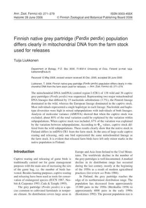 Finnish Native Grey Partridge (Perdix Perdix) Population Differs Clearly in Mitochondrial DNA from the Farm Stock Used for Releases