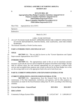 GENERAL ASSEMBLY of NORTH CAROLINA SESSION 2013 S 5 SENATE BILL 402 Appropriations/Base Budget Committee Substitute Adopted 5/21