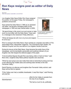 Ron Kaye Resigns Post As Editor of Daily News - LA Daily News