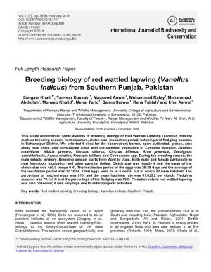 Breeding Biology of Red Wattled Lapwing (Vanellus Indicus) from Southern Punjab, Pakistan