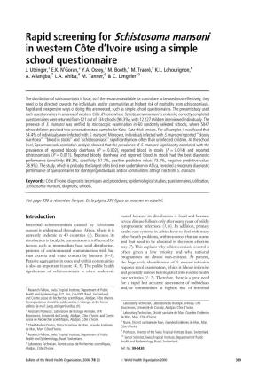 Rapid Screening for Schistosoma Mansoni in Western Coã Te D'ivoire Using a Simple School Questionnaire J