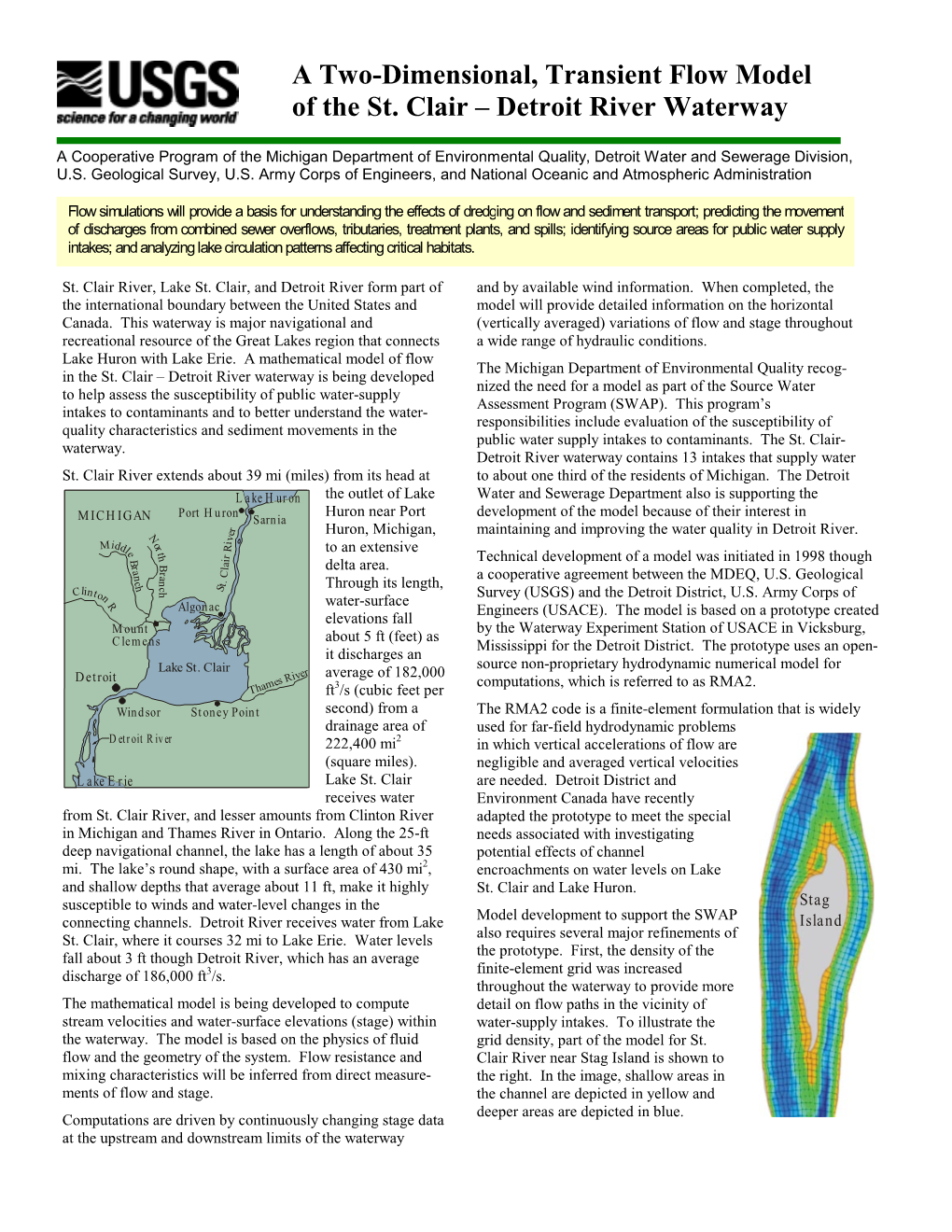 A Two-Dimensional, Transient Flow Model of the St. Clair – Detroit River Waterway