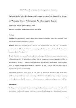 Cultural and Collective Interpretations of Regular Marijuana Use Impact on Work and School Performance: an Ethnographic Inquiry
