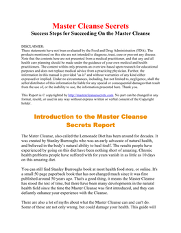 Master Cleanse Secrets Success Steps for Succeeding on the Master Cleanse