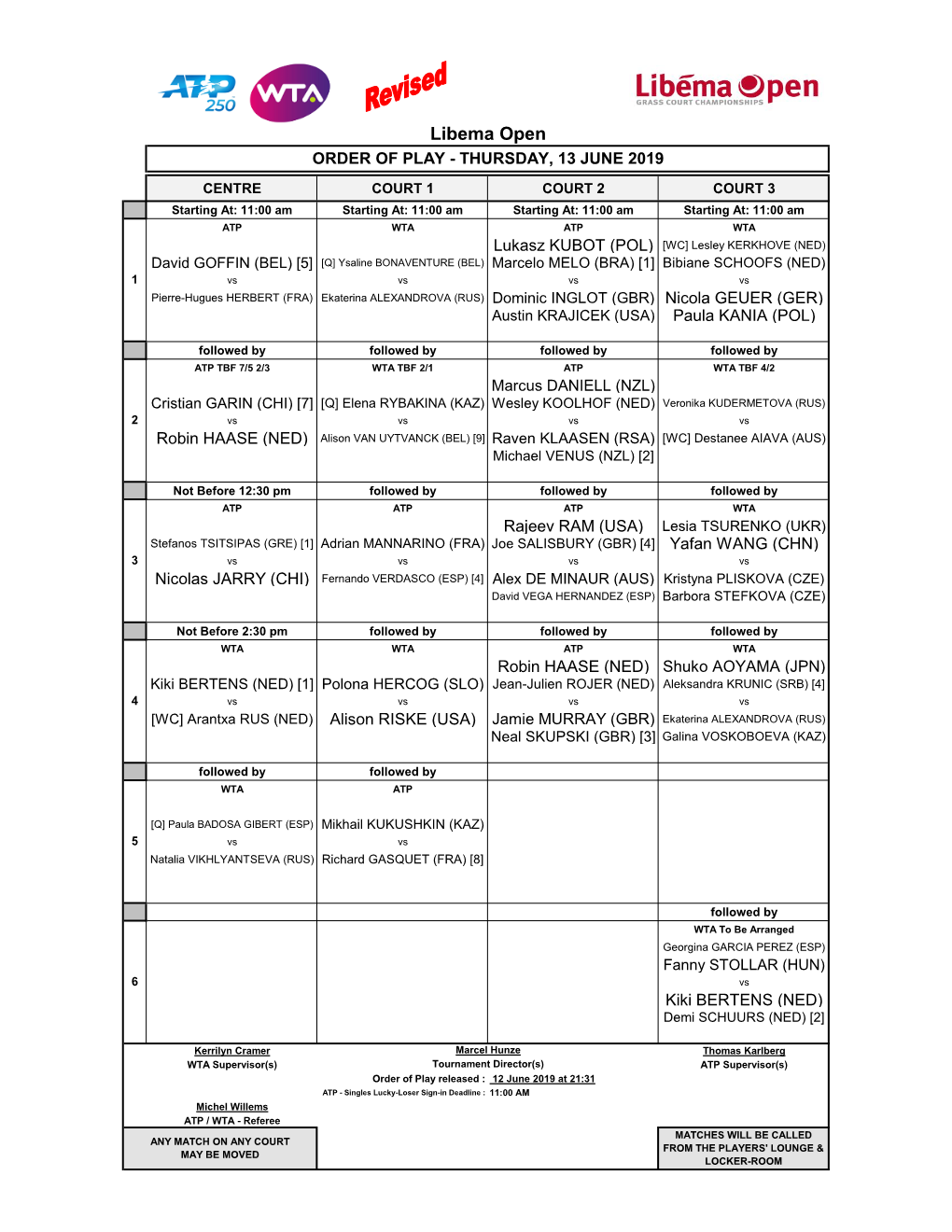 Libema Open ORDER of PLAY - THURSDAY, 13 JUNE 2019