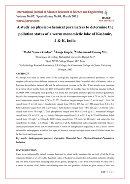 A Study on Physico-Chemical Parameters to Determine the Pollution Status of a Warm Monomictic Lake of Kashmir, J & K, India