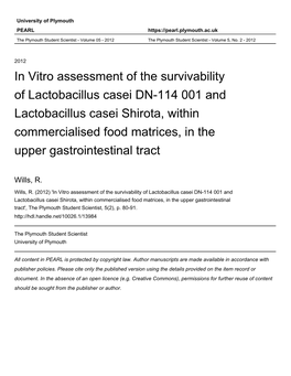 In Vitro Assessment of the Survivability of Lactobacillus Casei DN-114 001