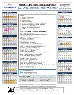 2021-2022 Student & Teacher Calendar