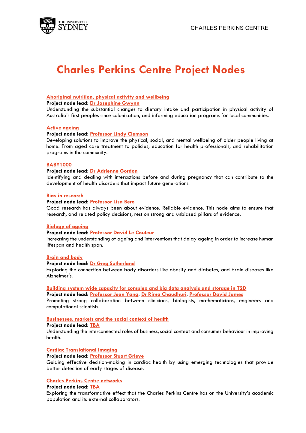 Charles Perkins Centre Project Nodes