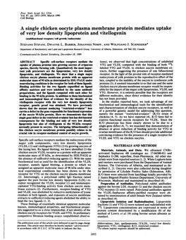 Of Very Low Density Lipoprotein and Vitellogenin (Multifunctional Receptors/Cell Growth/Endocytosis) STEFANO STIFANI, DWAYNE L