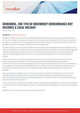 REMEMBRANCE DAY BECOMES a LEGAL HOLIDAY Posted on May 7, 2018