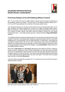 Cecilia Bartoli Final Press Release of the 2019 Salzburg Whitsun Festival