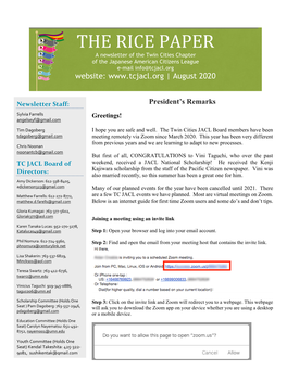 THE RICE PAPER a Newsletter of the Twin Cities Chapter of the Japanese American Citizens League E-Mail Info@Tcjacl.Org Website: | August 2020
