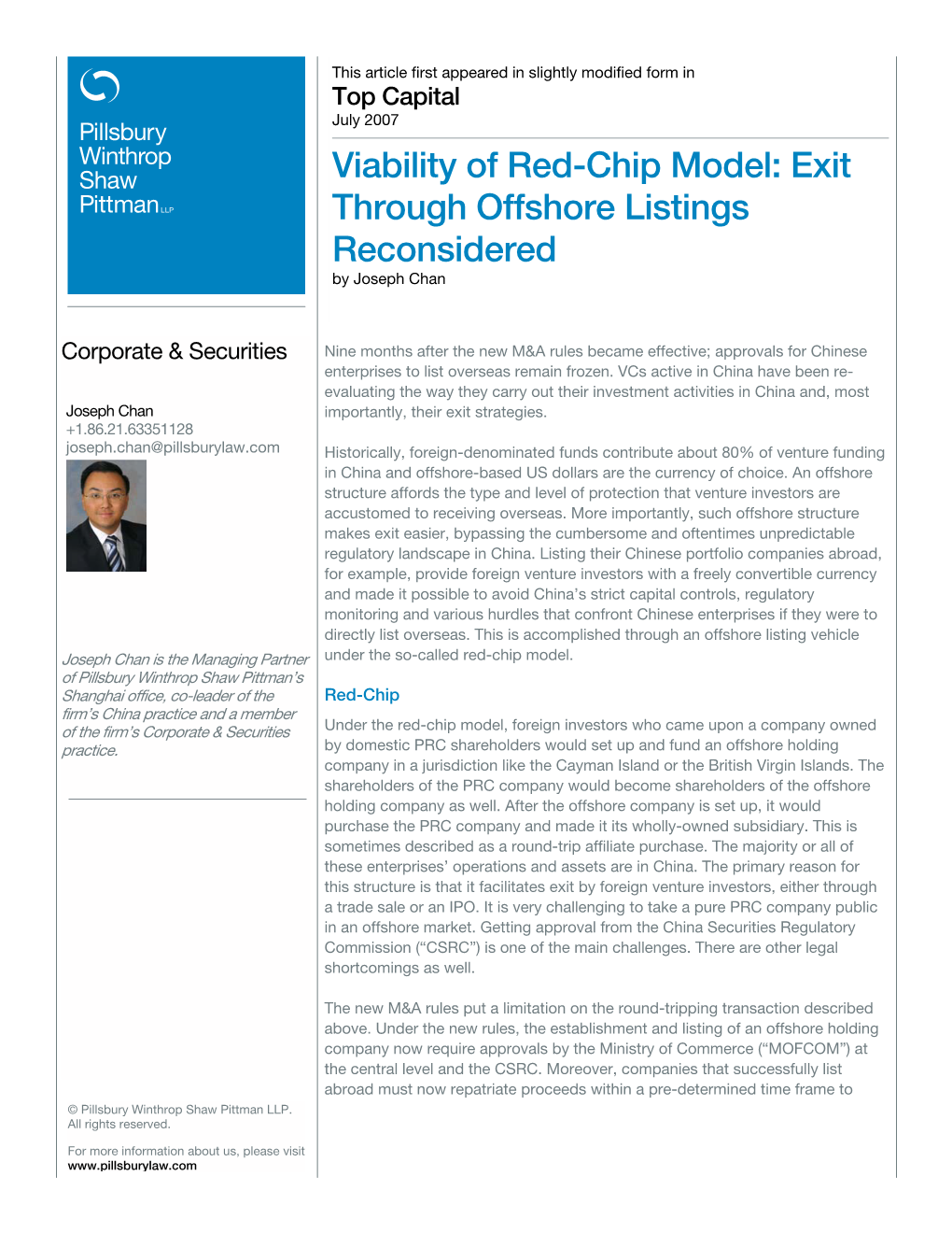 Viability of Red-Chip Model: Exit Through Offshore Listings Reconsidered by Joseph Chan